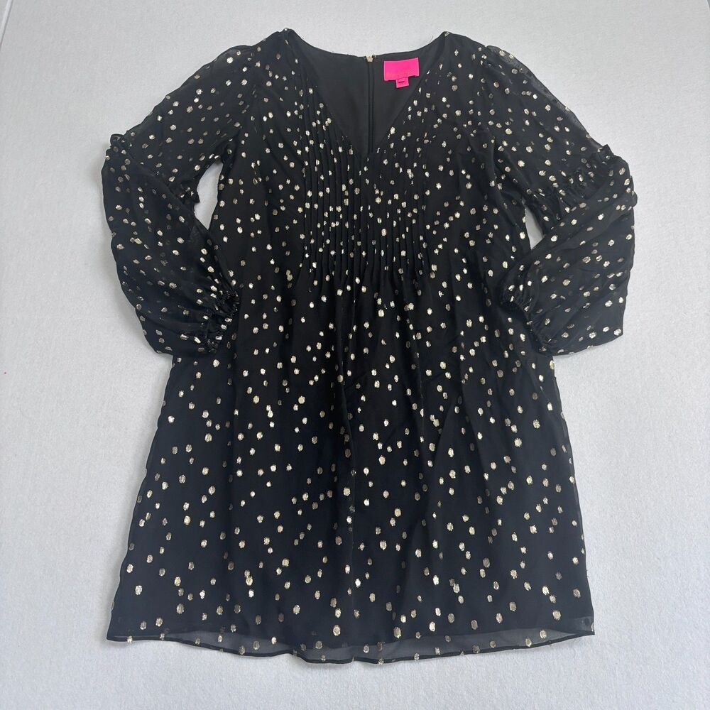 Lilly Pulitzer Cleme Silk Dot Dress Women's 8 Black Gold Sheer Whimsy Cocktail